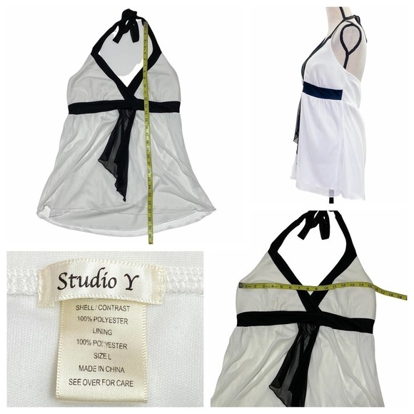 STUDIO Y White & Black Sleeveless Surplice V-Neck Tie Waist Halter Top - Picture 9 of 10